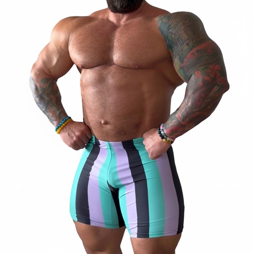 Retro Stripe Bodybuilding Gym Shorts - Black/Lilac/Mint
