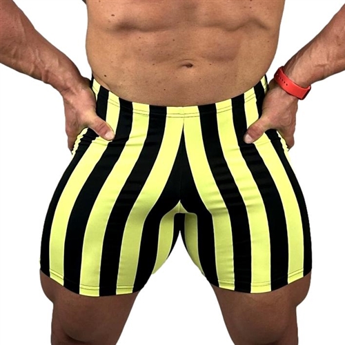 Black Neon Yellow Stripe Vintage Spandex Shorts Bodybuilding Gym Training