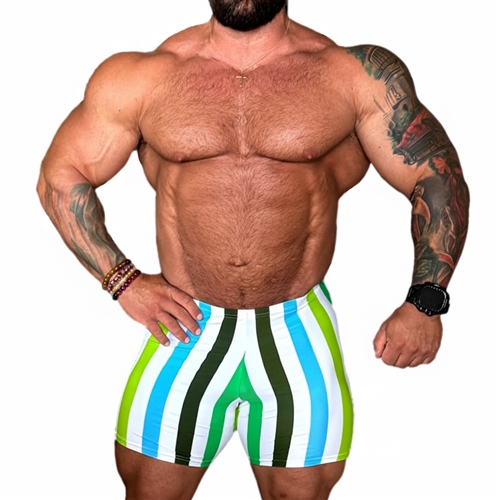 1-inch Stripe Bodybuilding Spandex Shorts - Multi Green