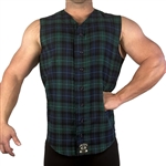 Blue-Green Plaid Tapered Sleeveless Flannel Baseball Muscle Shirt