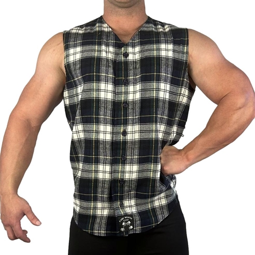 Mens Plaid Tapered Sleeveless Flannel - Blue/White