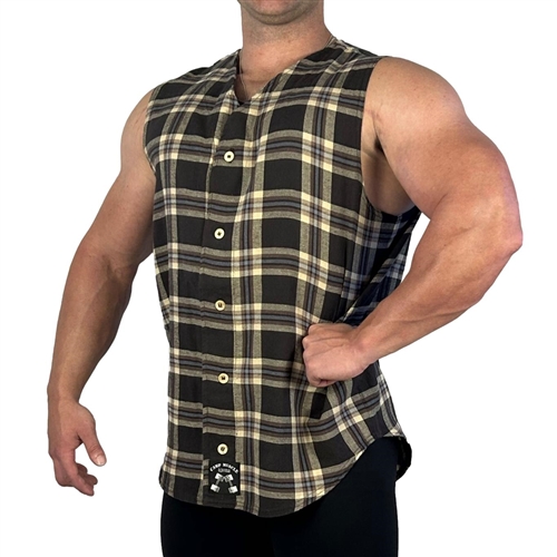 Brown-Black Plaid Tapered Sleeveless Flannel Baseball Muscle Shirt
