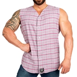 Gray-Burgundy Plaid Tapered Sleeveless Flannel Baseball Muscle Shirt