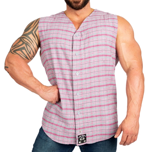 Mens Plaid Tapered Sleeveless Flannel - Gray