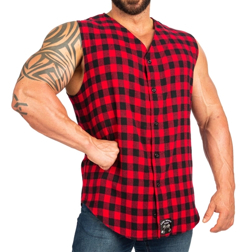 Mens Plaid Tapered Sleeveless Flannel - Red/Black