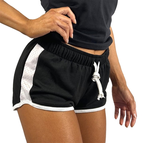 Black White Mesh Side Drawstring Shorts