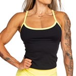 Black Yellow Supplex Strappy Tank Yoga Gym Fitness Sports Bra
